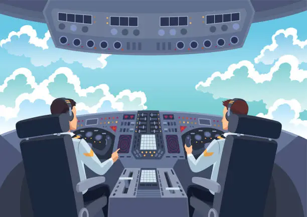 Vector illustration of Airplane cockpit pilots. Back view of cabin crew flying airplane. Pilot and copilot inside cockpit during flight. Vector cartoon illustration