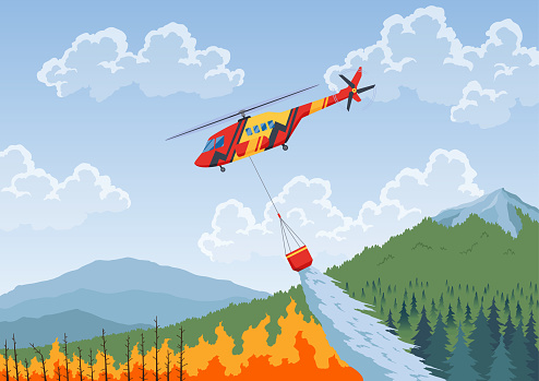 Helicopter extinguishing forest fire. Rescue air transport. Remote extinguishing of fires in mountainous areas. Combating natural disasters. Vector illustration.