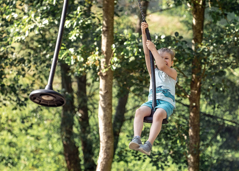 A little boy, among the sunny forest trees, like Tarzan in the jungle, swings on a rope.