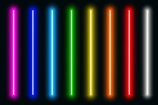 istock Luminous neon lines isolated, lights lines set in different rainbow colors, retro led neon lamp tube, glowing laser beams streaks on dark background 1932862049