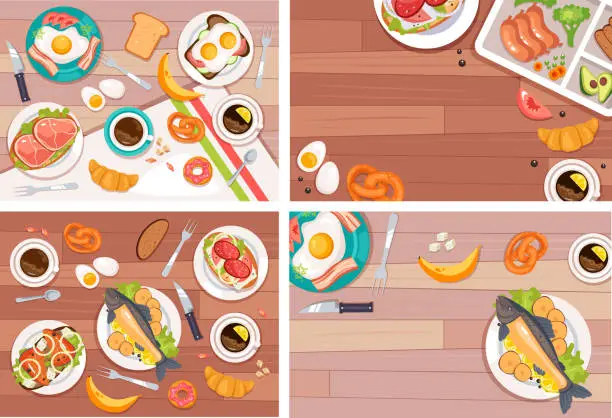 Vector illustration of Top view food dish table meal dinner lunch breakfast menu eat ingredients set concept. Vector cartoon graphic design element illustration