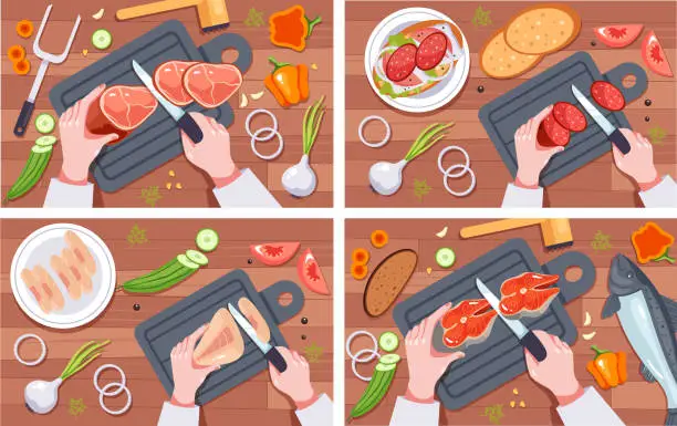 Vector illustration of Food meat fish vegetable chopping slice on board isolated set. Vector graphic design illustration