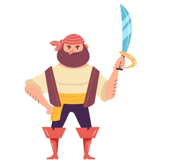 Vector illustration of Happy pirate captain character. Vector flat cartoon illustration