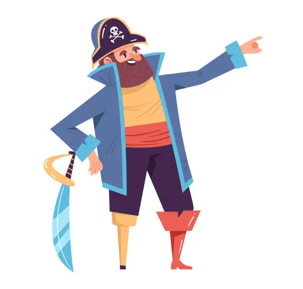 Vector illustration of Happy pirate captain character. Vector flat cartoon illustration