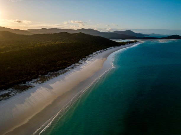 beautiful high angle aerial drone view of famous whitehaven beach, part of the whitsunday islands national park near the great barrier reef, queensland, australia. popular tourist destination. - saltwater flats coastal feature landscape national park 뉴스 사진 이미지