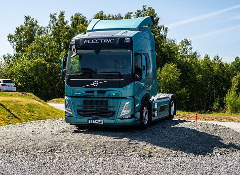 Gothenburg, Sweden - June 09 2023: Electric Volvo trucks on display.