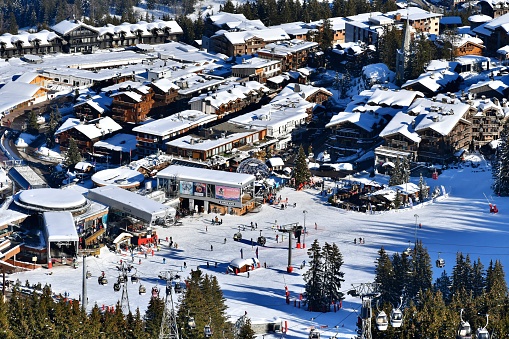 Aerial view of Courchevel ski resort by winter