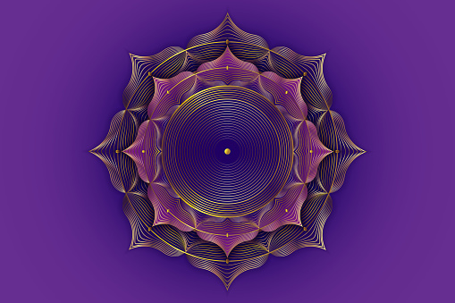 Gold lotus flower, spiritual mandala, Sacred Geometry. Bright golden lotus symbol of harmony and balance, seventh chakra. Mystical talisman, luxury round vector isolated on purple background