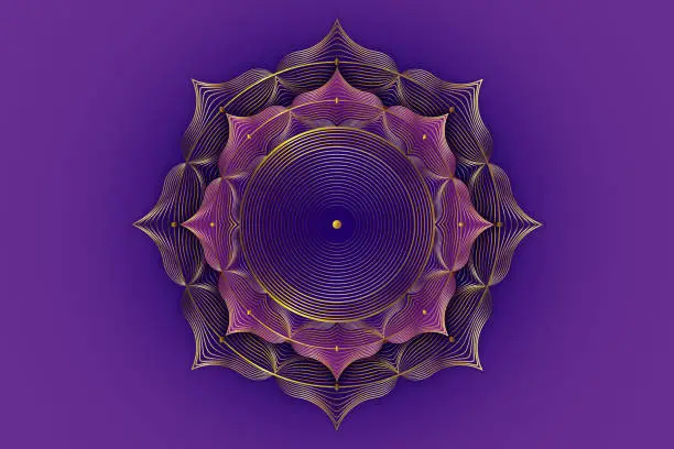 Vector illustration of Gold lotus flower, spiritual mandala, Sacred Geometry. Bright golden lotus symbol of harmony and balance, seventh chakra. Mystical talisman, luxury round vector isolated on purple background