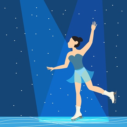 Figure skating. Illustrated winter sports. A woman performs on a blue background in the rays of light Elements of figure skating. Vector illustration.