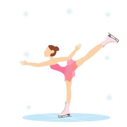 Figure skating. Illustrated winter sports. A woman in pink is the center of attention at an ice show. Elements of figure skating. Vector illustration.