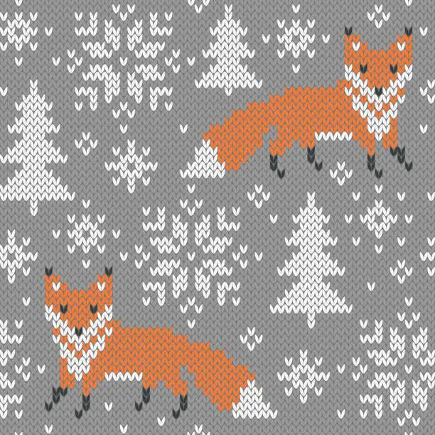Vector illustration of Foxes in the snowy forest jacquard knitted seamless pattern.