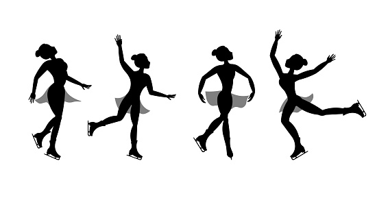 Figure skating. Illustrated winter sports. Set of silhouettes of women skating. Elements of figure skating. Vector illustration.