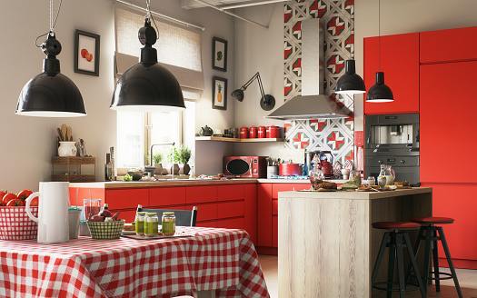 Digitally generated cozy & lovely red domestic kitchen interior design.

The scene was created in Autodesk® 3ds Max 2024 with V-Ray 6 and rendered with photorealistic shaders and lighting in Chaos® Vantage with some post-production added.