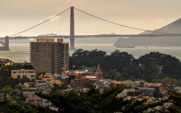 una veduta del golden gate bridge e della baia da telegraph hill - golden gate bridge san francisco county san francisco bay bay foto e immagini stock