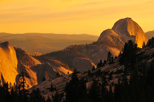 Sunset on Half Dome from Olmsted Point, Yosemite National Park, California, USA.