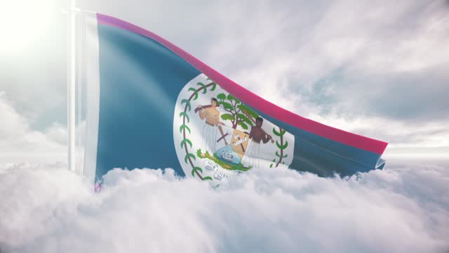 Belize giant flag rises above the clouds in slow motion, The concept of liberty, patriotism, independence day, celebration, patriotic, power. National flag waving proudly above the clouds and symbolizing freedom,