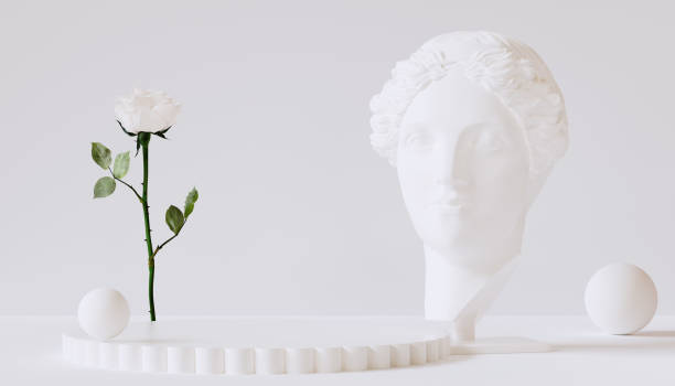 istock Product display, object placement white backdrop. Woman Head of marble Greek statue 3d rendering. Spring rose flower bloom fashion concept 1933020958