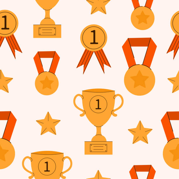 ilustrações de stock, clip art, desenhos animados e ícones de flat vector illustration seamless pattern of cups awards medals recognition - shield bronze gold silver
