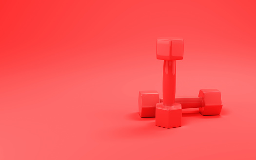 3d Render Red Plastic Dumbbells Sitting on Soft Red Background, Can be used for healthy life, sports, yoga, medical concepts