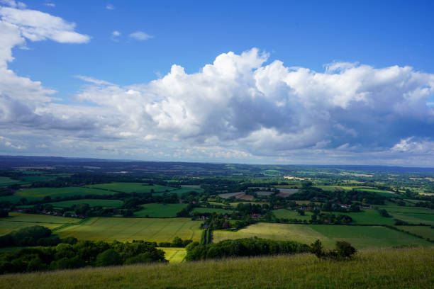 istock Views over countryside farm fields with clouds in blue sky in the summer 1933066082