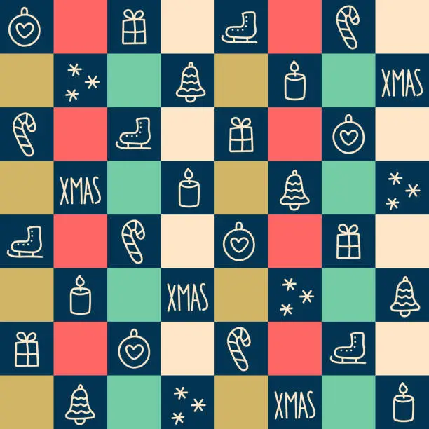 Vector illustration of Xmas seamless checkered pattern for wrapping paper. Doodle, vector