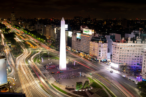 Aerial view of Obelisk on the Plaza de la República, Buenos Aires at night