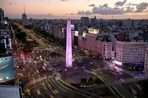 Aerial view of Obelisk on the Plaza de la República, Buenos Aires at twilight