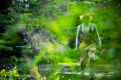 In silhouette of adult fisherman standing by the river and throwing the spinning. Lifestyle. Sport and hobby