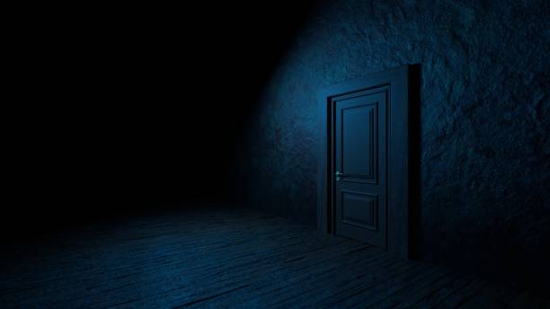 Closed door in a dark room.