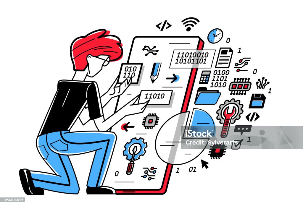 Programmer App Photo Programmer Is Coding And Repairing Some Applications On Phone Vector ...