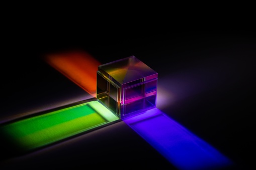 Spectral decomposition of a light ray into colors. A glass cube reflects many colors