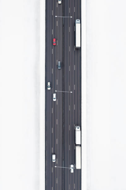 겨울철 고속도로를 달리는 트럭과 자동차의 하향식 모습 - car aerial 뉴스 사진 이미지
