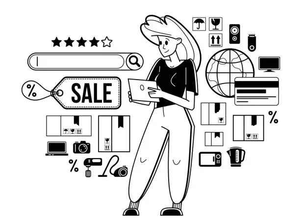 Vector illustration of Online shopping and discount vector outline illustration, virtual store worker managing goods or customer have a big choice and enjoying cheap prices, adviser consultant.