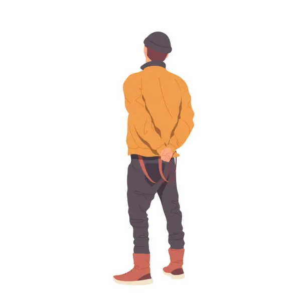 Vector illustration of Rear view trendy fashion hipster guy cartoon character standing with folded hands behind back