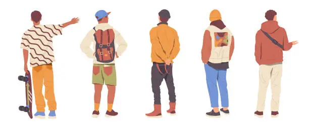 Vector illustration of Back view of young man cartoon characters wearing trendy fashion clothes street urban apparel