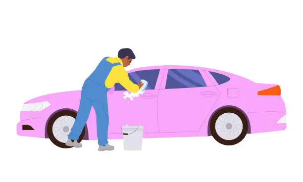 Vector illustration of Man worker cartoon character washing window of custom car using sponge and foamy detergent