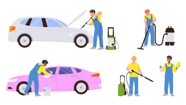 Vector illustration of Car wash service and male worker cartoon character providing transport cleaning job isolated set