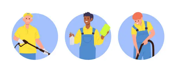 Vector illustration of Isolated round composition icon with friendly smiling workmen characters providing carwash service