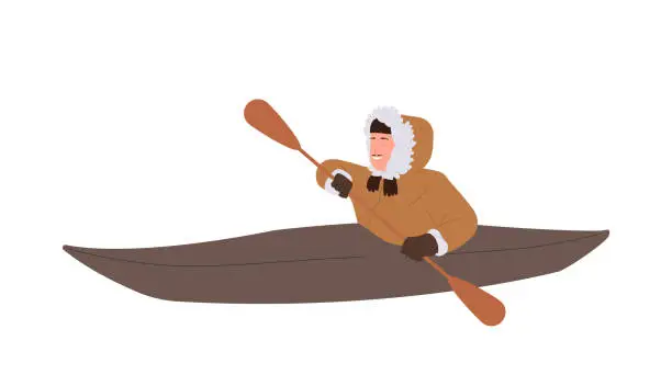Vector illustration of Eskimos man cartoon character in native clothes kayaking, floating on wooden boat with paddles