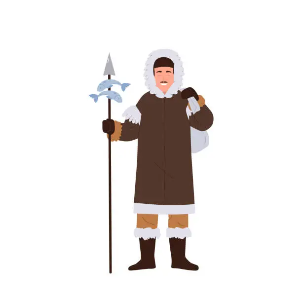 Vector illustration of Eskimos man fisherman cartoon character wearing native clothes holding fishing spear with catch
