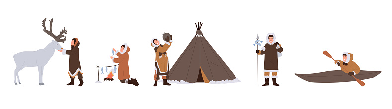 Eskimos people lifestyle isolated set with man and woman wearing traditional clothes daily activity. Northern inuit person feeding deer, cooking fish for dinner, playing tambourine, hunting, kayaking