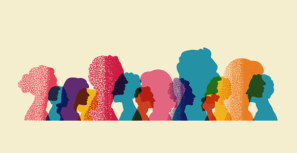 Silhouette of diversity people side. Group of multi-ethnic business co-workers and colleagues. Community of friends. Cooperation and collaboration. Teamwork partnership organization. Color