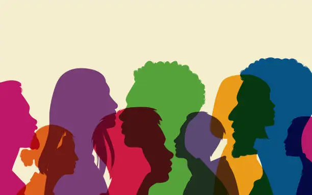 Vector illustration of Group colored silhouette diversity people from the side. Men and women portraits.