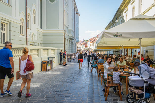 tourists and locals strolling on the pedestrian area in the old town center of brasov. - 11084 stock-fotos und bilder