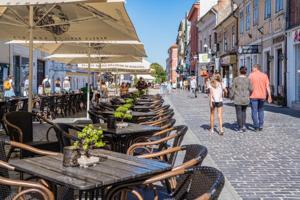 touristes et habitants se promenant dans la zone piétonne du vieux centre-ville de brasov. - 11090 photos et images de collection