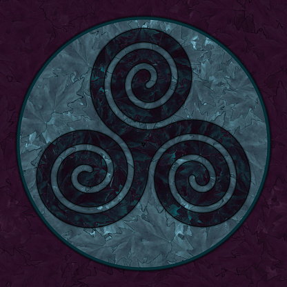Triskelion on Leaves Background - Triskele - Celtic Spirals - Ancient Sacred Symbol