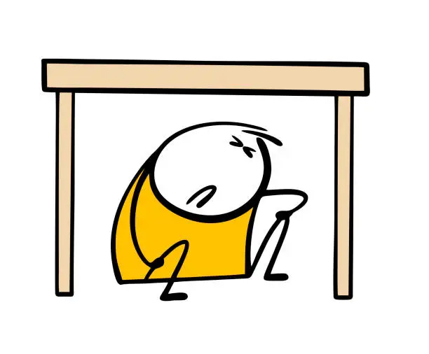 Vector illustration of Frightened child sitting under table, hiding from fictional monster or violence. Vector illustration of stickman scared, squeezed eyes shut and suffers alone. Need the help of psychologist.