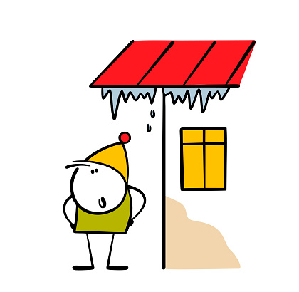 Carefree stickman in winter clothes is standing in a dangerous place. Vector illustration of icicle falling on your head. Spring, ice melts, thaw. Isolated cartoon house on white background.