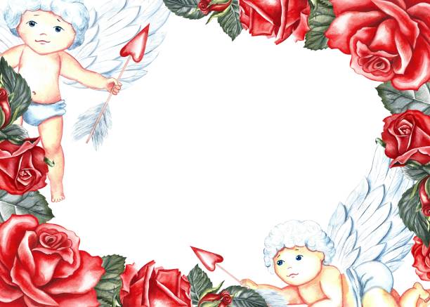 ilustrações de stock, clip art, desenhos animados e ícones de a frame with red roses and cupids. hand-drawn watercolor illustration. a greeting card for lovers, for valentine's day and wedding. it is also suitable for packaging, posters and flyers. - gift box packaging drawing illustration and painting
